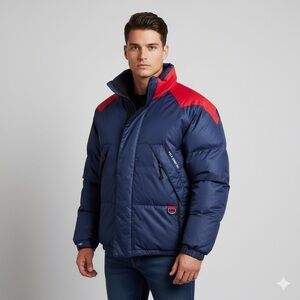 Vintage 90s Polo Ralph Lauren Blue Red Down Puffer Coat - Large